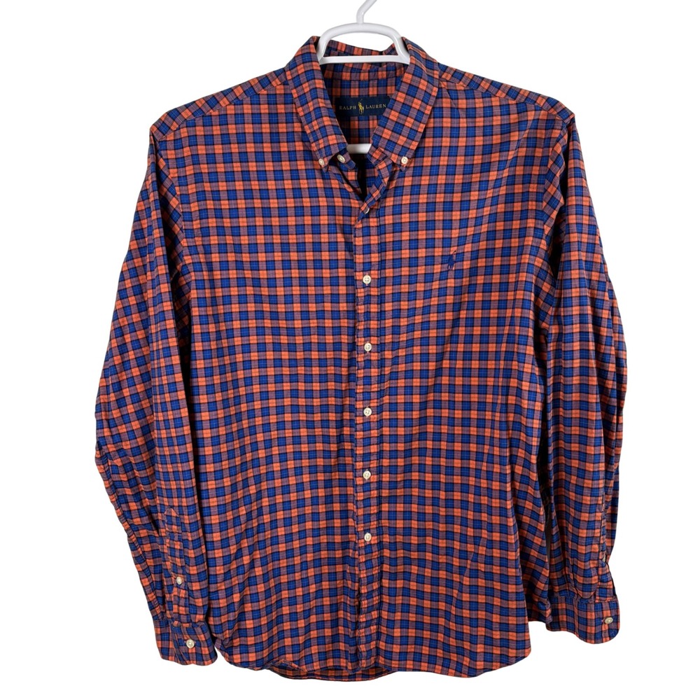Ralph Lauren Button Down Men's XL Orange Blue Plaid Long Sleeve Preppy Shirt